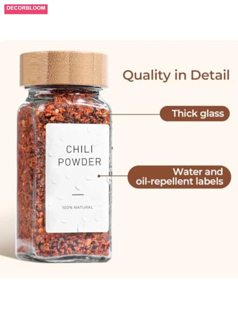 Glass Spice Jars Set of 6 with Bamboo Lids, Square Seasoning Containers 4oz,